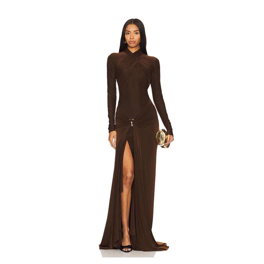 Long Sleeve Brown Maxi Dress with Front Slit